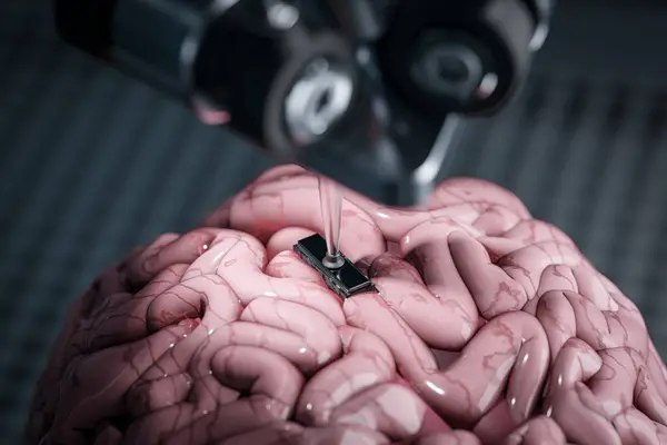 Das Konzept Dem Menschlichen Gehirn Mit Hilfe Eines Roboterarms Einen — Stockfoto