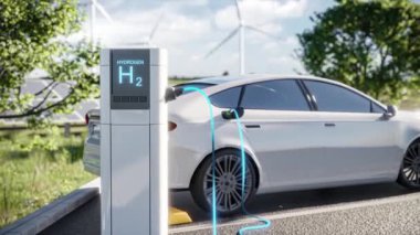 Arka planda rüzgar türbinleri olan bir hidrojen istasyonunda elektrikli araba şarj oluyor. Görüntüler modern, çevre dostu ulaşımı gösteriyor. Sosyal medya ve akıllı telefon ekranları için dikey video.