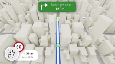 A noktasından B noktasına bir rota gösteren bir navigasyon animasyonu rotayı, mesafeyi ve tahmini varış zamanını gösteriyor. Video üretimi için evrensel bir vfx şablonu kadar mükemmel.