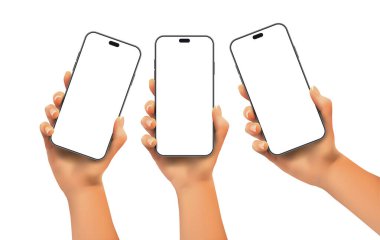 Şeffaf bir arkaplanda akıllı telefonları tutan ellerin gerçekçi vektör çizimi. Boş ekranlar gösterim uygulamaları, grafik tasarımları veya reklamlar için kullanılabilir.