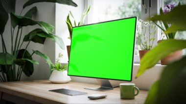 Hepsi bir arada, boş yeşil ekranlı bir bilgisayar, parlayan bir iç mekanda, saksı bitkileriyle birlikte ahşap bir masanın üzerine yerleştirilmiş. Modern tasarım, doğal ışık, minimalizm. Statik döngülü görüntüler. CGI 3d oluşturucu