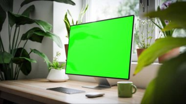 Hepsi bir arada, boş yeşil ekranlı bir bilgisayar, parlayan bir iç mekanda, saksı bitkileriyle birlikte ahşap bir masanın üzerine yerleştirilmiş. Modern tasarım. Statik döngülü görüntüler. Kameranın sağdan sola doğru hareketi pürüzsüz. CGI 3d oluşturucu