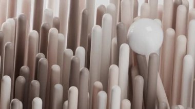 Çarpışma anında eğilen esnek kauçuk çubukların üzerinde süzülen beyaz bir kürenin olduğu soyut bir animasyon. Değişken ve büyüleyici bir hareket, yaratıcı projeler ve modern görsel kavramlar için mükemmel.