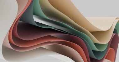 Kırmızı, yeşil ve bej katmanlı dalgaların soyut hareketi, akışkan ve dinamik bir görsel etki yaratır..