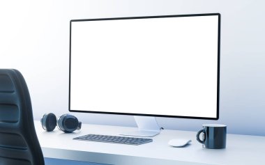 Computer blank screen - Minimalist workspace with monitor, keyboard, headphones, and coffee mug on a clean desk. CGI 3d render