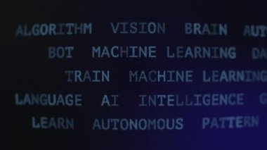 Karanlık bir ekranda kayan teknolojiyle ve yapay zeka ile ilgili terimlerle dijital metin dizilerinin yakın çekimi. Klasik CRT ekranı