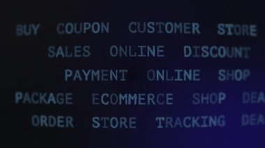 Dijital perakende ile ilgili terimlerin e-ticaret kavramlarını gösteren koyu bir ekranda maviyle yakın plan.