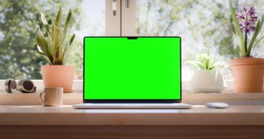 Yeşil ekranlı modern laptop ve pürüzsüz zoom-out animasyonu. Parlak bir masaya kurulmuş. Krom anahtar için ideal. luma matte, izleme klipsi ve son 120 kare dikişsiz döngü içerir.