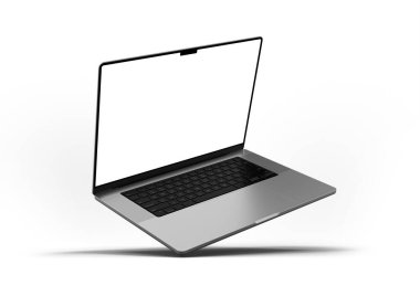 Beyaz arkaplan üzerinde boş bir ekran yüzen, minimalist tasarım ve gelişmiş teknoloji gösteren bir dizüstü bilgisayar. 3d hazırlayıcı