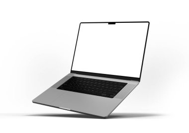 Beyaz arkaplan üzerinde boş bir ekran yüzen, minimalist tasarım ve gelişmiş teknoloji gösteren bir dizüstü bilgisayar. 3d hazırlayıcı