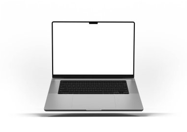 Beyaz arka planda boş ekranı olan, minimalist tasarımı ve gelişmiş teknolojiyi sergileyen bir laptop. 3d hazırlayıcı