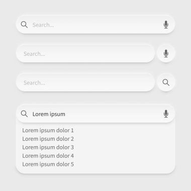 Mikrofon ve büyüteç simgeleri, indirme sonuçları ve web, mobil uygulamalar ve arayüz tasarımı için yuvarlak girdi alanları ile modern neumorfik tarzda vektör arama çubuğu UI kiti