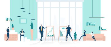 Profesyonel iş ortamı, ofiste çalışan iş adamları, masa başı iş birliği, fikirleri paylaşmak, konuşmak ve projede ilerleme kaydetmek. İş konsepti illüstrasyonu