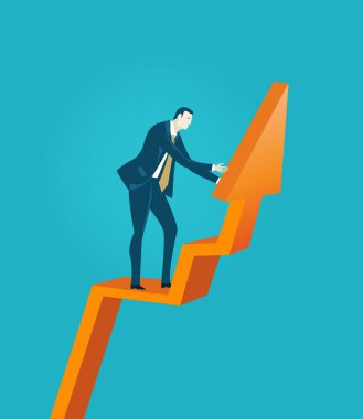 İşadamı büyük bir ok tutuyor, çok çalışıyor, risk alıyor, destek oluyor ve sorun çözülüyor. İş konsepti illüstrasyonu