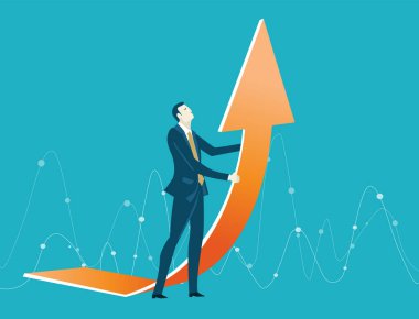 İşadamı büyük bir ok tutuyor, çok çalışıyor, risk alıyor, destek oluyor ve sorun çözülüyor. İş konsepti illüstrasyonu