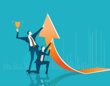 İşadamı büyük bir ok tutuyor, çok çalışıyor, risk alıyor, destek oluyor ve sorun çözülüyor. İş konsepti illüstrasyonu