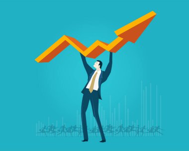 İşadamı büyük bir ok tutuyor, çok çalışıyor, risk alıyor, destek oluyor ve sorun çözülüyor. İş konsepti illüstrasyonu