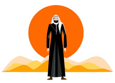 Ulusal elbiseli Arap işadamı ve takımının resmi. Petrol ve gaz endüstrisi konsepti çizimi