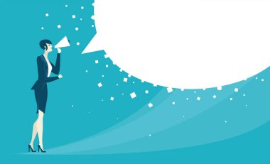 İş kadını megafonla ve konuşma baloncuğuyla konuşur. İş konsepti illüstrasyonu