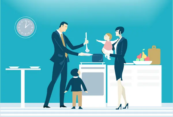 Para Biznesowa Jako Rodzina Małymi Dziećmi Ilustracja Koncepcji Pracy Odpowiedzialności — Zdjęcie stockowe