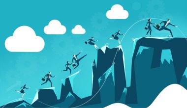 Bir sürü genç iş adamı en iyi profesyonel pozisyona ulaşmak için dağ zirvelerinden atlayıp koşuyor. İş konsepti illüstrasyonu.