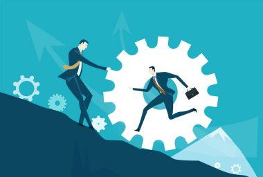 İş adamı tepenin zirvesine çıkıyor. Sorunları çözmek, destek olmak ve karar verme kavramı