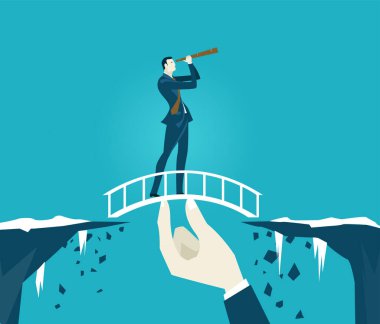 İşadamı, iş adamlarının elinde tuttuğu güvenli köprüde kalır. Destek, koordinasyon ve danışmanlık kavramı.