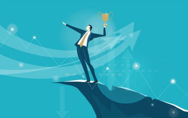 Başarılı bir iş adamı dağ uçurumunda durup altın kupayı elinde tutuyor. Başarı, iş büyümesi ve yatırım kârının sembolü. İş konsepti illüstrasyonu 