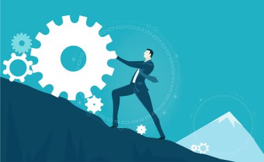 İşadamı teçhizatı dağın zirvesine çıkarıyor. Kazanmak, liderlik etmek ve konsept illüstrasyonunu sunmak