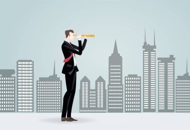 Başarılı bir iş adamı şehirde teleskopla arıyor. İş fırsatı, profesyonel başarı, strateji ve yeni bir başlangıç kavram illüstrasyonunu geliştirmek