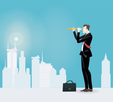 Başarılı bir iş adamı şehirde teleskopla arıyor. İş fırsatı, profesyonel başarı, strateji ve yeni bir başlangıç kavram illüstrasyonunu geliştirmek