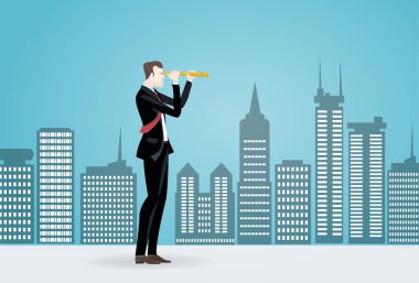 Başarılı bir iş adamı şehirde teleskopla arıyor. İş fırsatı, profesyonel başarı, strateji ve yeni bir başlangıç kavram illüstrasyonunu geliştirmek