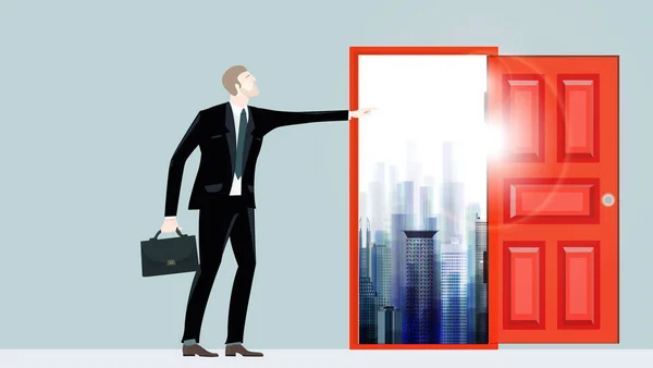 Erfolgreiche Geschäftsleute Stehen Der City Vor Der Offenen Tür Geschäftschancen — Stockfoto