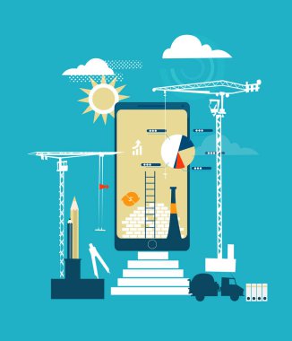 Sancılar dünyası, vinç ve mühendislerle illüstrasyon 