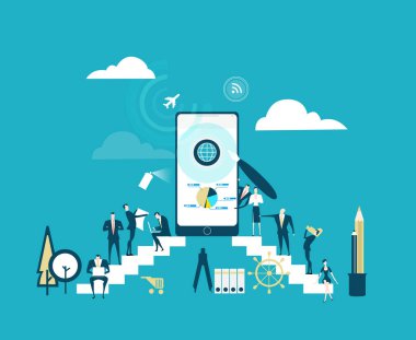 Uygulama üzerinde çalışan iş adamları. Uluslararası iş aracı geliştirme, mobil foe, dijital cihaz, internet, kablosuz bağlantılar.