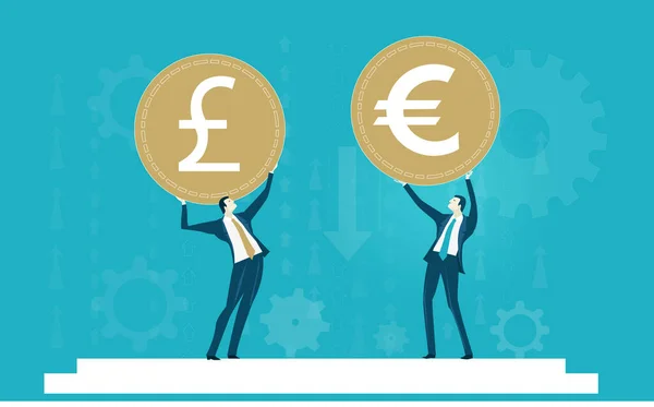 stock image Business people holding up golden coins, worlds currencies. Dollar, Euro, Pound. Economy and finance concept illustration  