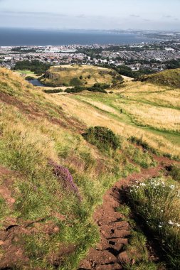 İskoçya, Edinburgh, İngiltere - 26 Ağustos 2022: Holyrood parkı ve tarihi Arthur 's Seat ile doğa koruma alanı. Antik volkan ve Edinburgh doğa parkı 