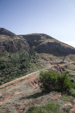 İskoçya, Edinburgh, İngiltere - 26 Ağustos 2022: Holyrood parkı ve tarihi Arthur 's Seat ile doğa koruma alanı. Antik volkan ve Edinburgh doğa parkı 