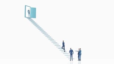 Başarılı bir iş adamı merdivenleri çıkıyor. Hedeflere ulaşmak, kariyer yapmak, profesyonel büyüme, bankacılık, yatırım danışmanlığı, para kazanma kavramı. 4K