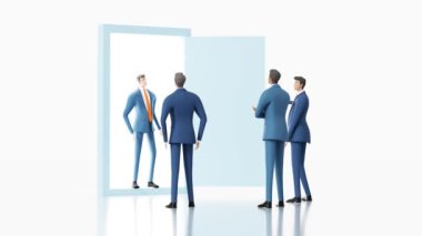 İş adamları açık kapının önünde konuşuyor. Başarının yolu 4K