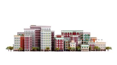 Büyüyen şehirde kameralar uçuşuyor, bir sürü periyodik binayla 4K animasyon.