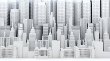 Gökdelenleri olan güzel bir modern şehir. Ofis ve konut blokları, iş ve... Finansal. 4K, panoramik görünüm
