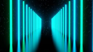 Geometrik parlayan çizgiler, bağlantılar, karanlık arka planda hareket eden neon ışıkları. Lazer hatları parlıyor. Neon arka plan işi ve bilim konsepti