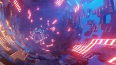 Bilim kurgu teknolojisi geçmişi, fütürist bilim kurgu metal şekilleri ve parlayan ışıklar. Soyut teknoloji geçmişi. 3B canlandırma canlandırması