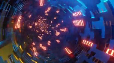 Bilim kurgu teknolojisi geçmişi, fütürist bilim kurgu metal şekilleri ve parlayan ışıklar. Soyut teknoloji geçmişi. 3B canlandırma canlandırması