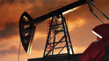 Petrol pompası, petrol endüstrisi ekipmanları, petrol sahasındaki siluetleri dramatik gökyüzü ile birlikte gün batımında delmek. Enerji arzı krizi, enerji arzı, enerji krizi. 