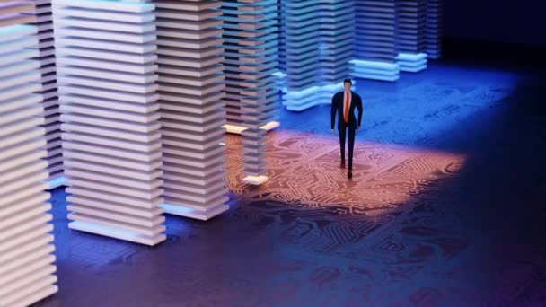 Başarılı Bir Adamı Neon Işıklı Arka Planda Sunucu Odasında Yürüyor — Stok video