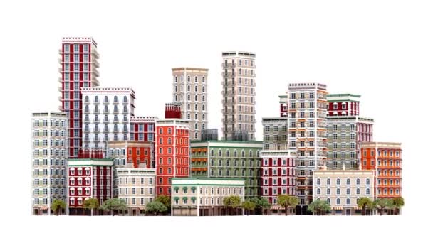 Kamera Fliegt Durch Wachsende Stadt Animation Mit Vielen Periodischen Gebäuden — Stockvideo