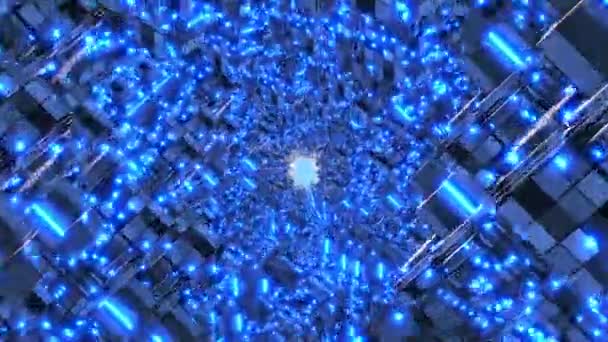 相机带着移动的立方体和霓虹灯穿过科幻走廊 科学概念动画 — 图库视频影像