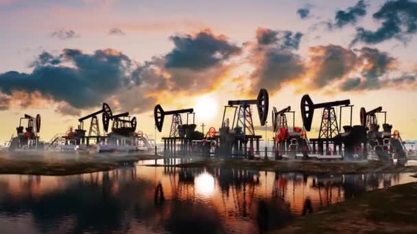 石油工业设备 钻井机在日落时分以惊人的天空从油田勾勒出轮廓 能源供应危机 电力供应危机 能源危机 — 图库视频影像
